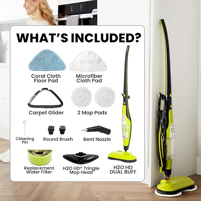 H2O HD Dual Buff Steam Mop, 8 in 1 Handheld Steam Cleaner For Kitchen Tile Floors, Hardwood Floors, Grout Cleaner, Upholstery Cleaner and Carpets, 2 washable scrub pads, 8 cleaning accessories