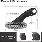SUBEKYU Cast Iron Scrubber with Silicone Handle, Stainless Steel Skillet Cleaner for Cast Iron Pans (Black Scrubber + Scraper)