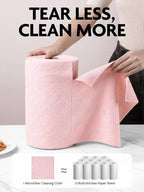 Fantasticlean Microfiber Cleaning Cloth Roll -150 Pack, Tear Away Microfiber Towels, 12" x 12", Reusable, Washable, Ultra Absorbent Dishcloth for All-Around Cleaning Supplies (Pink & Grey)