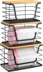 ALOCEO 3 Pack Stackable Storage Bins with Lids, Stainless Steel Trash Bag Dispenser Roll Holder for for Kitchen Sink, Laundry, Pantry Organizer and Storage