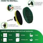 4 Inch Drill Powered Brush Tile Scrubber Scouring Pads,6 Scrubbing Pads with 4 Inch Pad Holder,1Quick Change Hex Shaft for Kitchen Bathroom Grout Tub Grill Cleans Large Flat Areas