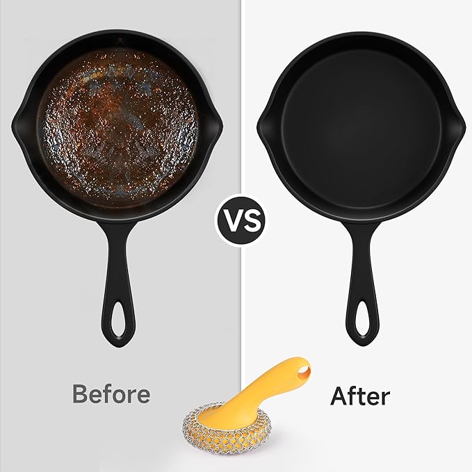 SUBEKYU Cast Iron Scrubber with Silicone Handle, Stainless Steel Skillet Cleaner for Cast Iron Pans (Yellow Scrubber + Scraper)
