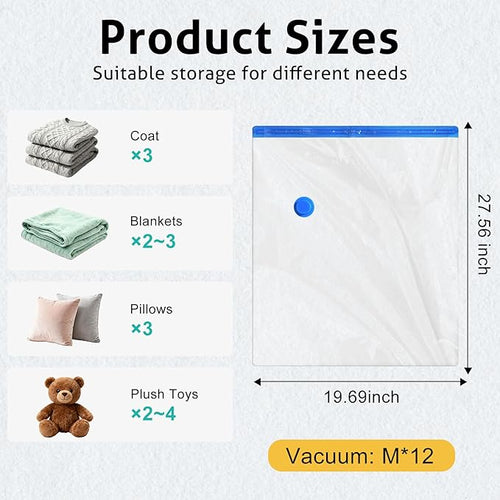 12 Pack Medium Travel Vacuum Storage Bags, Portable Vacuum Seal Bags for Clothing Travel with Pump, Space Saver Bag for Luggage Suitcases Clothes Bedding Seasonal Storage