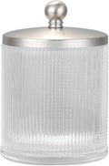 Clear Transparent Apothecary Ribbed Geometric Etched Glass Jar W/Satin Nickel Metal Lid for Bathroom Organization, Cotton Balls, Q Tips, and Small Accessories, Bathroom Storage