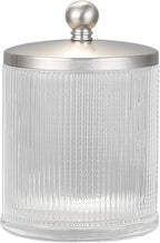 Clear Transparent Apothecary Ribbed Geometric Etched Glass Jar W/Satin Nickel Metal Lid for Bathroom Organization, Cotton Balls, Q Tips, and Small Accessories, Bathroom Storage
