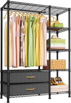 Ulif F3 Heavy Duty Clothes Rack（With Fabric Drawers）Freestanding Clothing Racks for Hanging Clothes，Adjustable Closet Organizer System，Portable Garment Rack 40" W x 15" D x 72" H，Max Load 700LBS，Black
