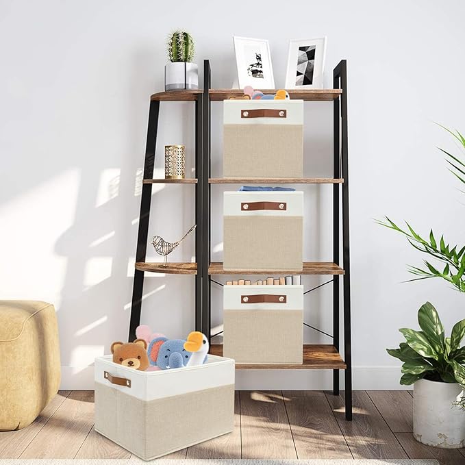 4 Pack Fabric Storage Baskets for Shelves, Closet Storage Bins for Shelves, Fabric Baskets for Organizing with Handles for Home and Office (White with Beige,15"L*10.2"W*9"H)