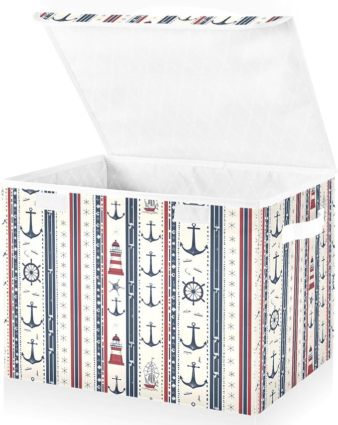 Large Storage Bins with Linen Collapsible Foldable Storage Cubes Fabric Closet Organizer Containers box with Flip-Top Lid for Home Bedroom Office 16.7 x 12.6 x 11.8in (Nautical Theme Anchors Ship)