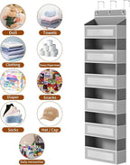 Over The Door Organizer with 6 Large Pockets, Over the Door Storage 12 Side Pockets, Hanging Door Organzier 44 lb Load Behind Door Storage Hanging Shelf for Closet Wall Bathroom Nursery, 6-Tier Grey