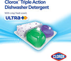 Clorox Ultra+ Dishwasher Detergent Pacs, 60 Count, Stain Fighting, No Prewash Needed, Removes Burnt-on Food, Crisp Fresh Scent Pods - Packaging May Vary