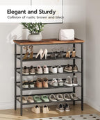 HOOBRO Shoe Rack for Entryway, 5-Tier Shoe Organizer with Adjustable Mesh Shelves, 16-20 Pairs of Shoes, Spacious Floor Mount, Metal, Industrial, Shoe Shelf for Closet, Rustic Brown BF12XJ01