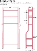 Livilord 3-Tier Over The Toilet Storage, Freestanding Metal Bathroom Shelves with 4 Hooks, Over Toilet Storage Shelf with Paper Holder, Above The Toilet Shelf for Bathroom Storage, Pink