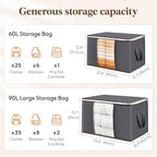 Lifewit 3 Pack 60L Clothes Storage Bins with Lids, Foldable Blanket Storage Bags with Zippers, Clear Window and Reinforced Handles, Closet and Organization for Clothing, Sweater, Comforter, Bedding