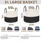 JMvicyroam 65L Extra Large Blanket Basket for Living Room - Woven Cotton Rope Laundry Hamper with Reinforced Handles - Storage Bin for Pillows, Comforters & Toys - Machine Washable,White&Black