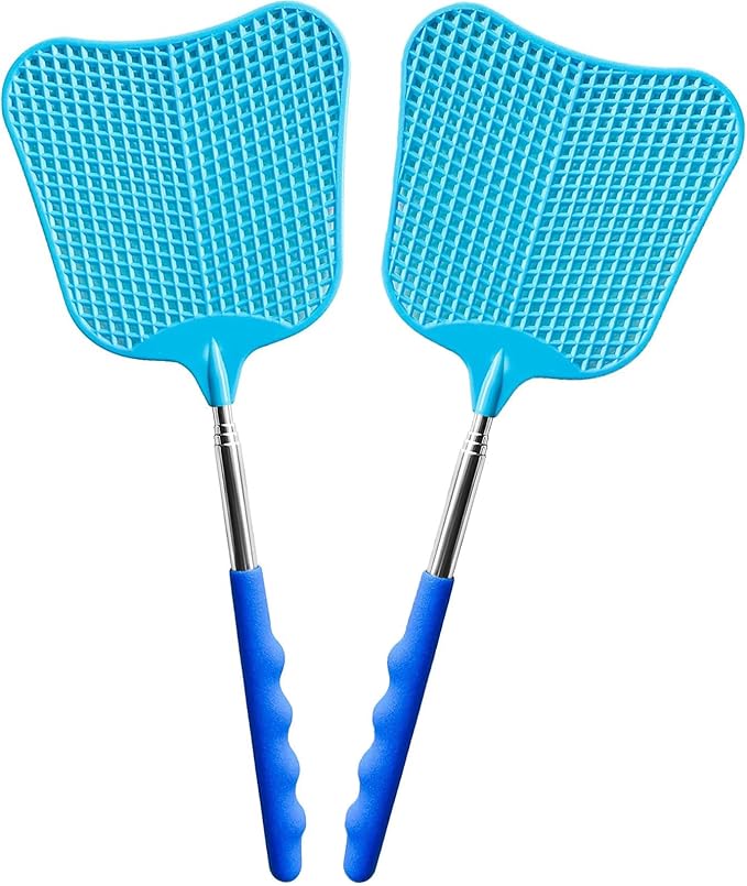 Fly Swatter Heavy Duty Set, with Durable Telescopic Stainless Steel Extendable Handles, for Home, Classroom, Indoor Outdoor Office, 2Pcs, Blue