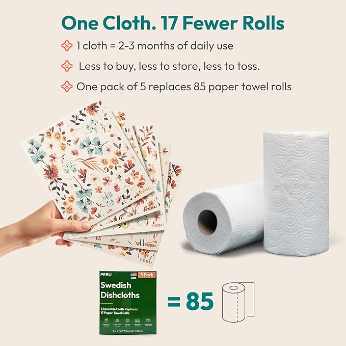 FEBU Swedish Dishcloths for Kitchen | 5 Pack Neutral Reusable Paper Towels Washable | Swedish Dish Towels | Non-Scratch Cellulose Sponge Cloths | No Odor, Biodegradable Cleaning Cloths