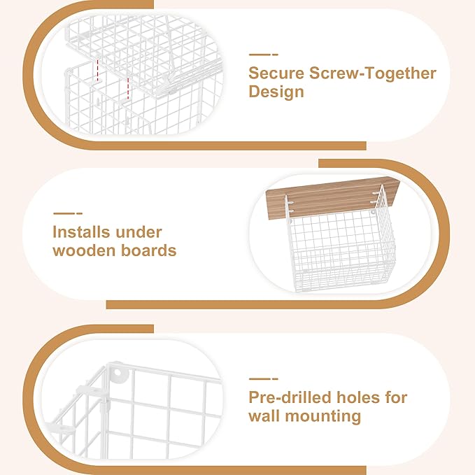 3 Pack Screw Mount Under The Wooden Shelf Laundry Room Organizer: Foldable Wire Basket Space Saving Over The Washer and Dryer - Laundry Organization and Storage, White Patent