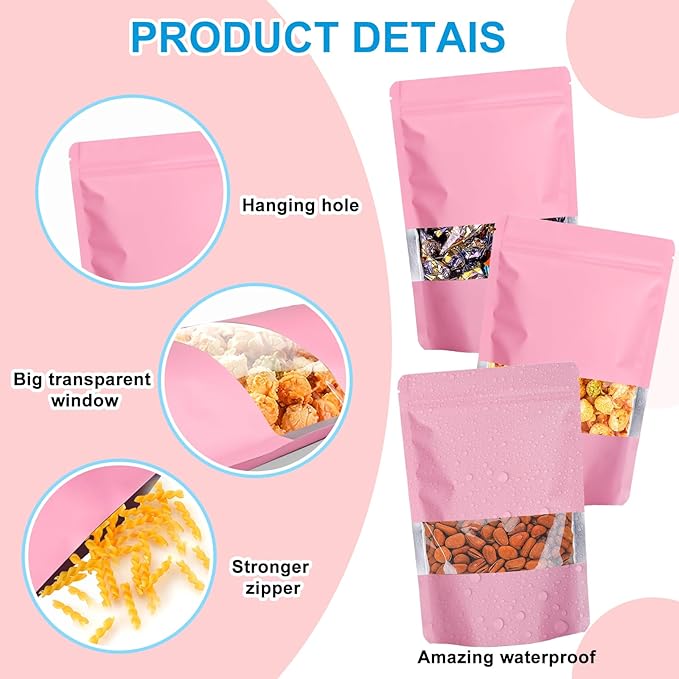 100PCS Mylar Bags for Food Storage, Smell Proof Bags Resealable Food Packaging for Small Business Stand Up Pouches with Window, 5.9" x8.7", Pink