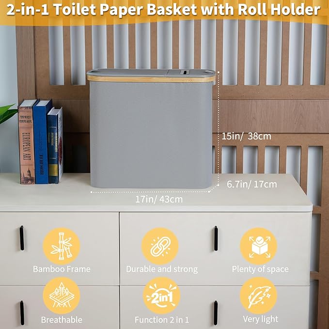 efluky Toilet Paper Storage and Holder 2 in 1, Toilet Paper Storage with Lid for Bathroom 28L, Free Standing Holder Organizer Holds Up to 9-12 Rolls, Grey
