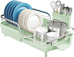 SNTD Dish Drying Rack, Expandable Dish Rack for Kitchen Counter, Stainless Steel Dish Drainer with Drainboard Set and Utensil Holder (Green)