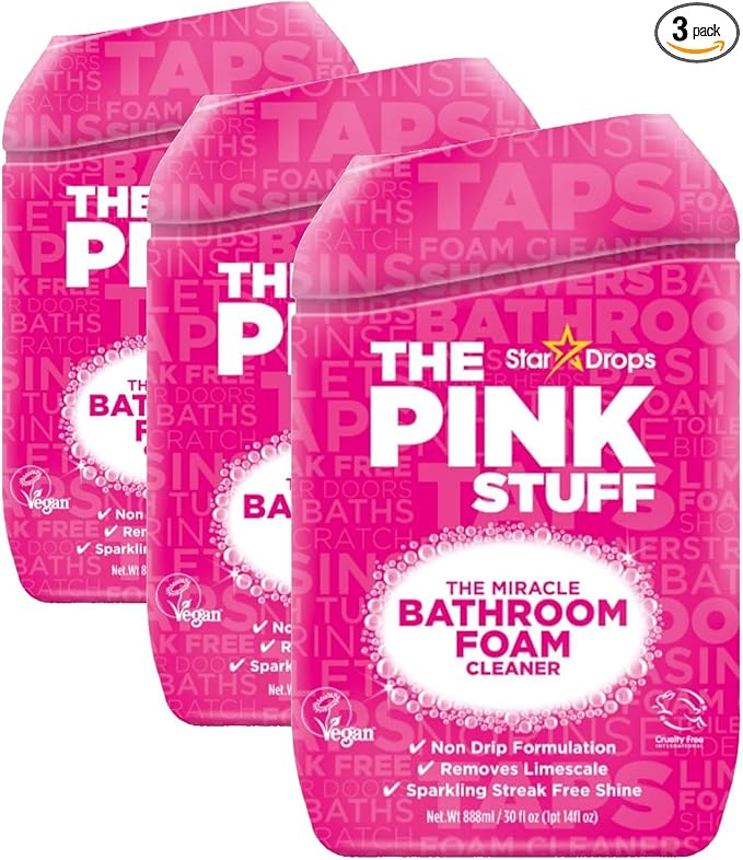 Stardrops - The Pink Stuff Miracle Bathroom Foam Cleaner, 30 fl oz – Now 20% More! Powerful Foaming Action for Showers, Sinks, Tubs & Tiles – Removes Soap Scum, Limescale & Grime with Ease (Pack of 3)