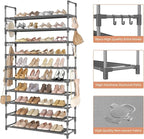 LANTEFUL Tall Shoe Rack 10 Tier Shoe Organizer Large Shoe Shelf with 18 Hooks Storage for 50 Pair Sneaker and Boot, Stackable Vertical Shoe Rack Organizer for Closet, Entryway, Bedroom, Grey