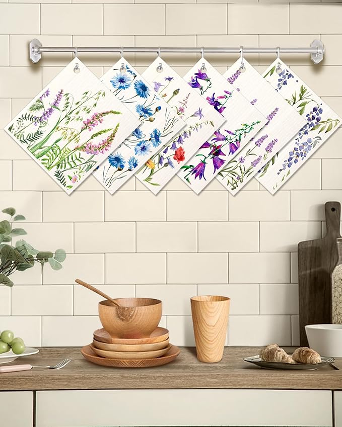6 Pack Swedish Dishcloths for Kitchen - Reusable Dish Cloths for Washing Dishes Absorbent Cute Funny Kitchen Towels Cleaning Sponge, Lavender Flower