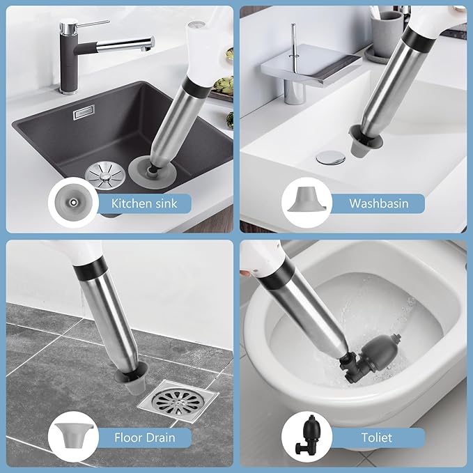 Air Plunger for Drain, High Pressure Air Drain Blaster with Visual Barometer Stainless Steel Toilet Clog Remover Toilet Unclogger Plungers for Bathroom, Toilets, Sink, Kitchen, Clogged Pipe