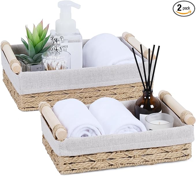 Wicker Storage Basket with Wooden Handle – Paper Rope Decorative Toilet Paper Baskets & Bathroom Organizer for Toilet Tank Top, Shelves, Bedroom, Countertop,Home,Office Storage Bins, 2 Pack,Beige
