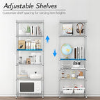 Homdox 6-Tier Storage Shelf Wire Shelving Unit Free Standing Rack Organization with Adjustable Leveling Feet, Stainless Side Hooks, Silver