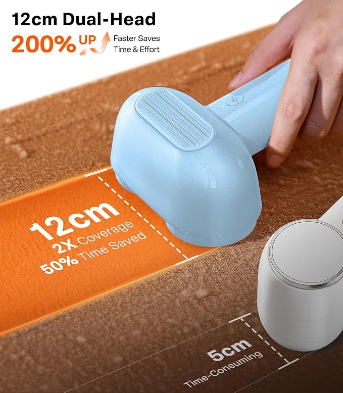 TORRAS Dual-Head Fabric Shaver, Longest Durability & 50ml Large Capacity Rechargeable Lint Removers to Remove Pills, 6-Leaf Blades Defuzzer, Electric Shaver for Clothes Couch Furniture, Blue