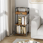 keomaisyto 3-Tier Bathroom Shelves with Canvas Drawer, Floor Bathroom Storage Shelf, Small Storage Stand Rack, Freestanding Ladder Shelf for Living Room Bedroom, Rustic Brown