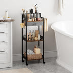 Bathroom Shelves with Drawer, 3 Tier Metal Rolling Standing Unit Storage Organizers with Toilet Paper Holder, Multifunctional Floor Corner Rack for Cosmetic, Dryer Curling Irons 12.8in Wide