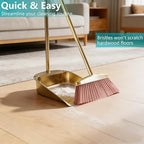 Broom and Dustpan Set Heavy Duty, Gold Stainless Steel Broom with Dustpan Combo Set, Long Handle Upright Metal Dust Pan with Comb Teeth for Pet Hair, Home, Kitchen and Office (Golden Teeth)