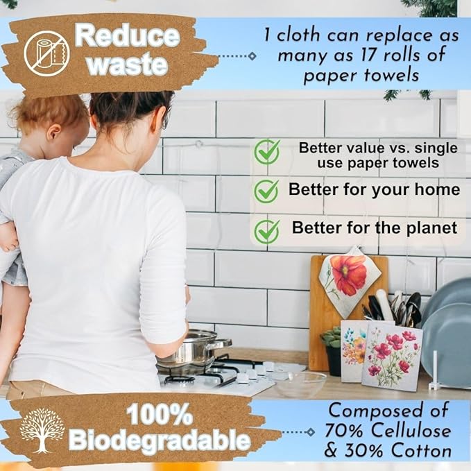 Swedish Dishcloths for Kitchen - Ecofriendly Reusable Paper Towels, Biodegradable Dish Cloths - Cellulose Sponge Dish Cloths for Washing Dishes - 8 Pack (Floral)