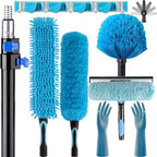 25 Foot High Reach Ceiling Fan Duster with 7-18ft Heavy Duty Extension Pole, Microfiber Feather, Cobweb Duster, Window Squeegee Kit, Cleaning Gloves