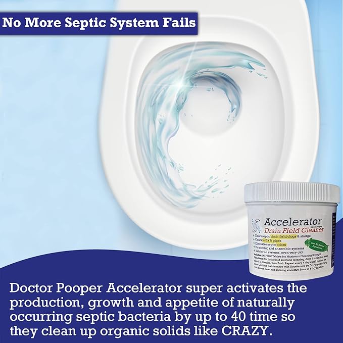 Drain Field Cleaner Tablets by Dr Pooper. Clears Septic Tanks and Drain Fields of Tough Clogs, Scum, Sludge AND Eliminates Odors FAST - Aerobic & Anaerobic Systems - Easy to Use, Just Flush.