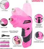 Pink Household Tool Set with 3.6V USB Electric Screwdriver, 136 PCS Home Tool Kit with Cordless Lithium-ion Drill Driver, Hand Tool Kits for Women
