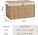 180L Wicker Storage Basket with Lid, Handwoven Rattan Large Shelf Basket with Removable Liner, 47.6 Gallon Wicker Basket for Blanket, Storage Trunk with Handle for Closet, Bedroom, Livingroom, Natural