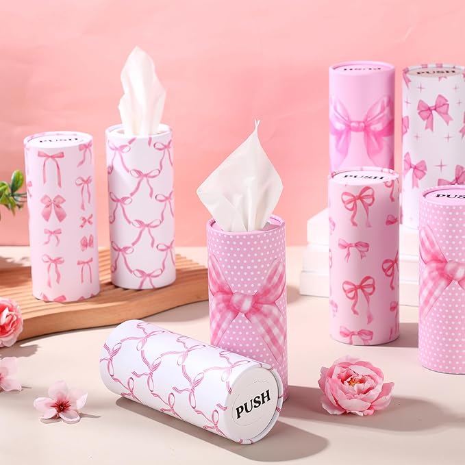 Outus 12 Pcs Car Tissues Cylinder Holder with 3 Ply Facial Tissue Bulk Black White Round Tissue Holder Travel Tissues Boxes Container for Car Cup Wedding Birthday Party (Bow)