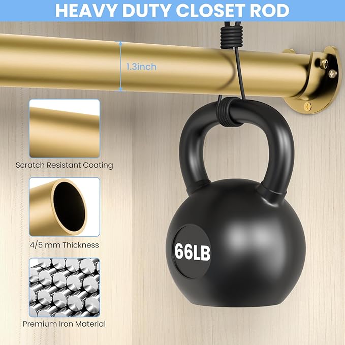 Closet Rods for Hanging Clothes, 17 to 54 Inch Heavy Duty Stepless Adjustable Closet Hanging Rod, 1.3 Inch Diameter Metal Closet Rod for Wardrobes Laundry Bedroom RV, Gold