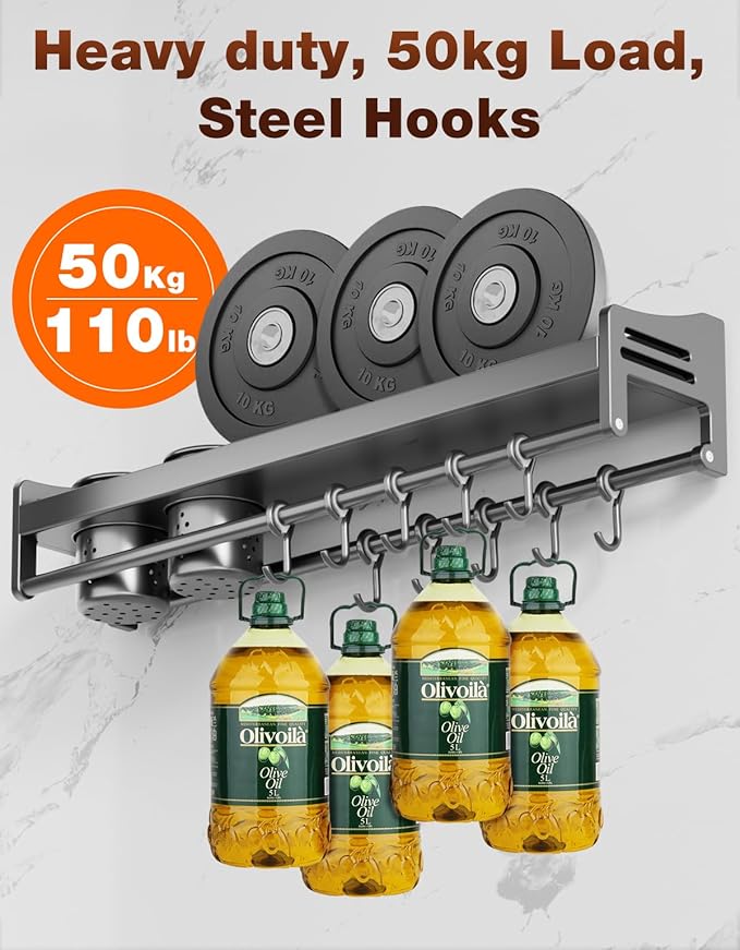 utensil hanger, wall mounted kitchen rail with hooks, waterproof hooks for kitchen utensils, easy installation without drilling (23.6 inches, Cups, 2)