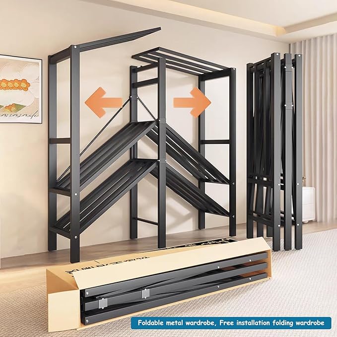 Heavy Duty Covered Clothes Rack with Magnetic Door Foldable Portable Wardrobe Closet for Hanging Clothing Rolling Black Metal Garment Rack on Wheels Closet System (Brown, 49.12in)