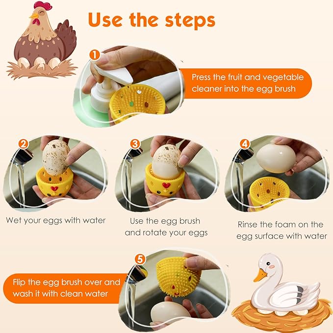 Egg Brush Cleaner, Egg Cleaner Scrubber for Fresh Eggs, Cute Chick Shaped Silicone Egg Washer, Reusable Multipurpose Washing Egg Tool for Fruits and Vegetables(White,1 Set)