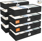 SpaceWhisper 90L Under Bed Storage Containers, 8-Pack Storage Bins with Clear Top, Foldable Closet Organizers and Storage with Label Holder for Clothing, Blankets, Comforter & Pillows(Black)