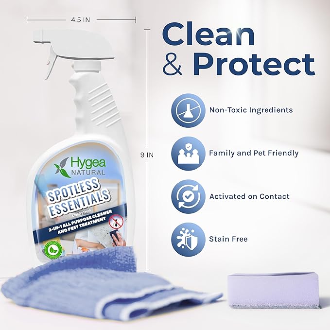 Hygea Natural Spotless Essentials - Indoor Pest Control Spray & Multi-Surface Cleaner for Home and Kitchen - Kills Dust Mites, Bed Bugs, Ants, Lice - Child & Pet Friendly - 24oz (Laundry Fresh Scent)