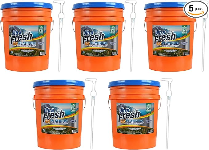 Ultra Fresh 6X Platinum 5 Gallon Laundry Detergent Liquid for All Machine Types with Easy Dispensing Pump, Up to 640 Loads, Original Blue (5 Pack)