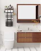 Large Towel Rack & Bathroom Towel Holder - Wall Mounted Metal Rack with Wooden Floating Shelf, Small Bathroom Towel Storage, Easy Holds 6 Large Rolled Towels, Black with Brown Plank