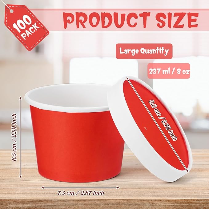 Fulmoon 100 Pack Paper Soup Containers with Lids Disposable Paper Food Containers with Vented Lids Kraft Ice Cream Bowls Soup Cup Ice Cream Cups for Restaurants (8 oz,Red)