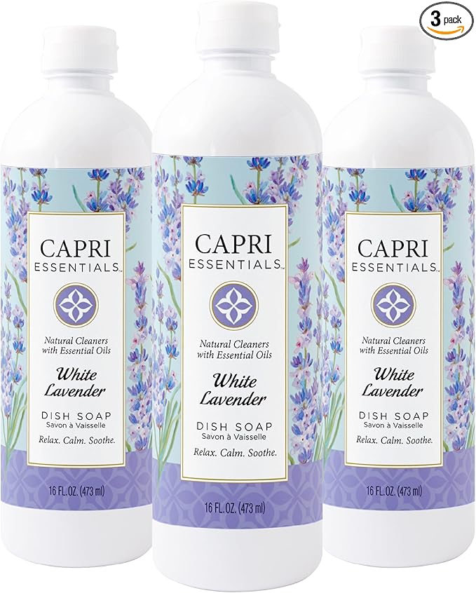 CAPRI ESSENTIALS Dish Soap Liquid, Natural Household Cleaning, Plant Based Aromatic Dish Detergent, Blend of Essential Oils with Juniper & Chamomile, White Lavender, 16 FL OZ (3 Pack)